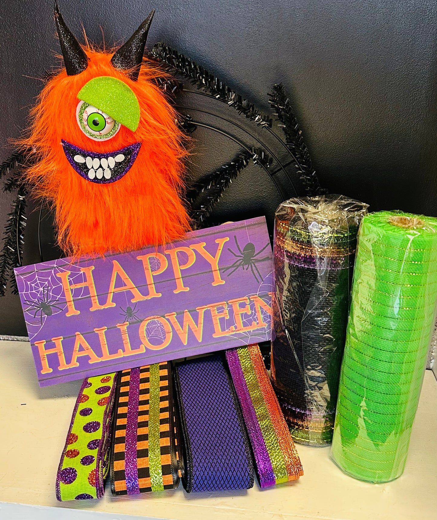 Wreath Kit - Furry Orange Monster Happy Halloween DIY Wreath Kit