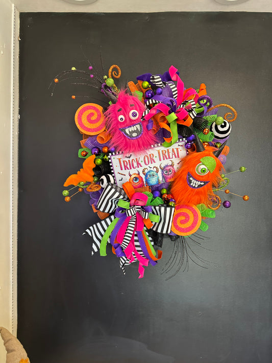 Furry Monster Trick or Treat Halloween Wreath