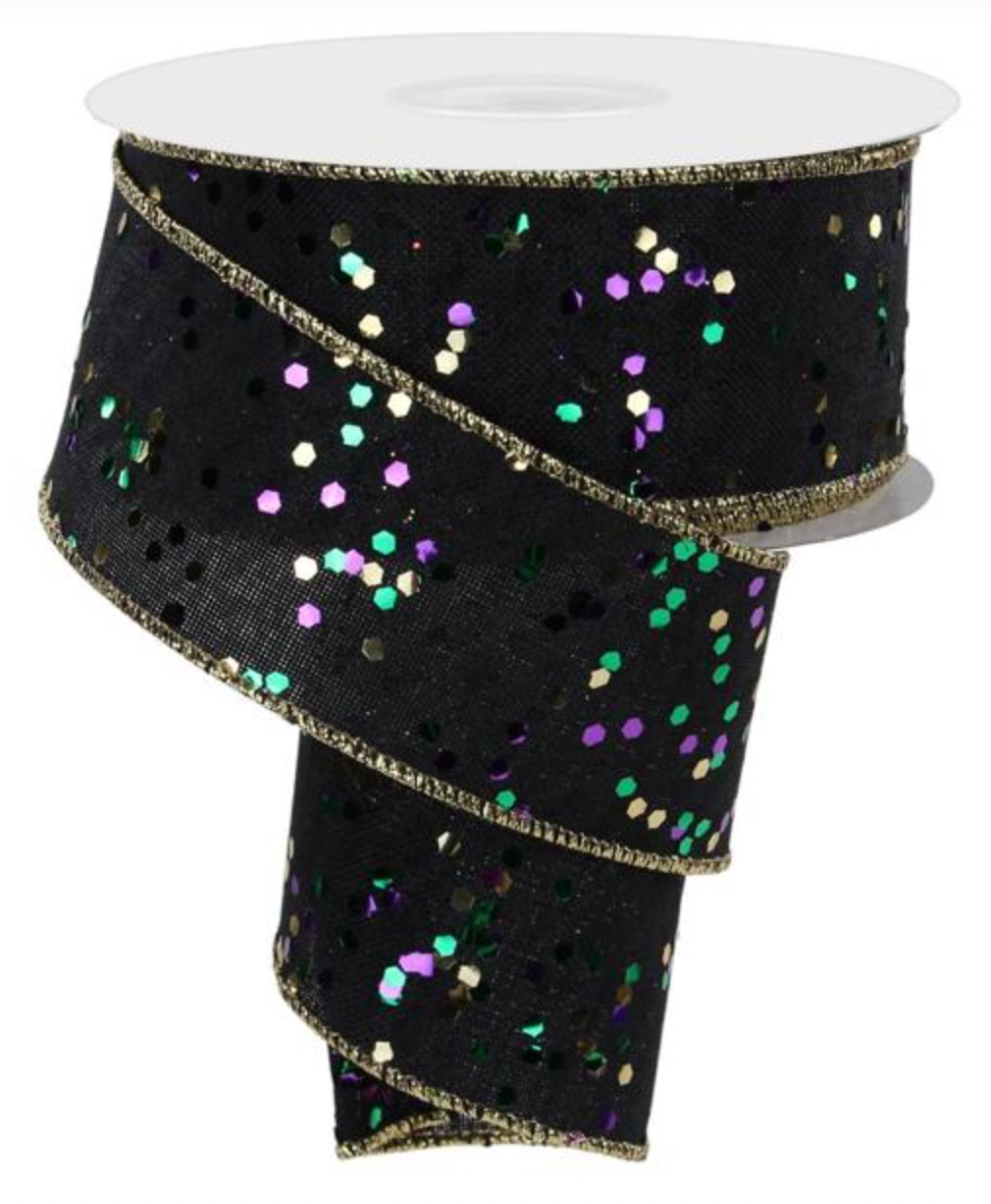 1.5 X 10 YARDS Mardi Gras Sprinkled Hex Glitter Ribbon