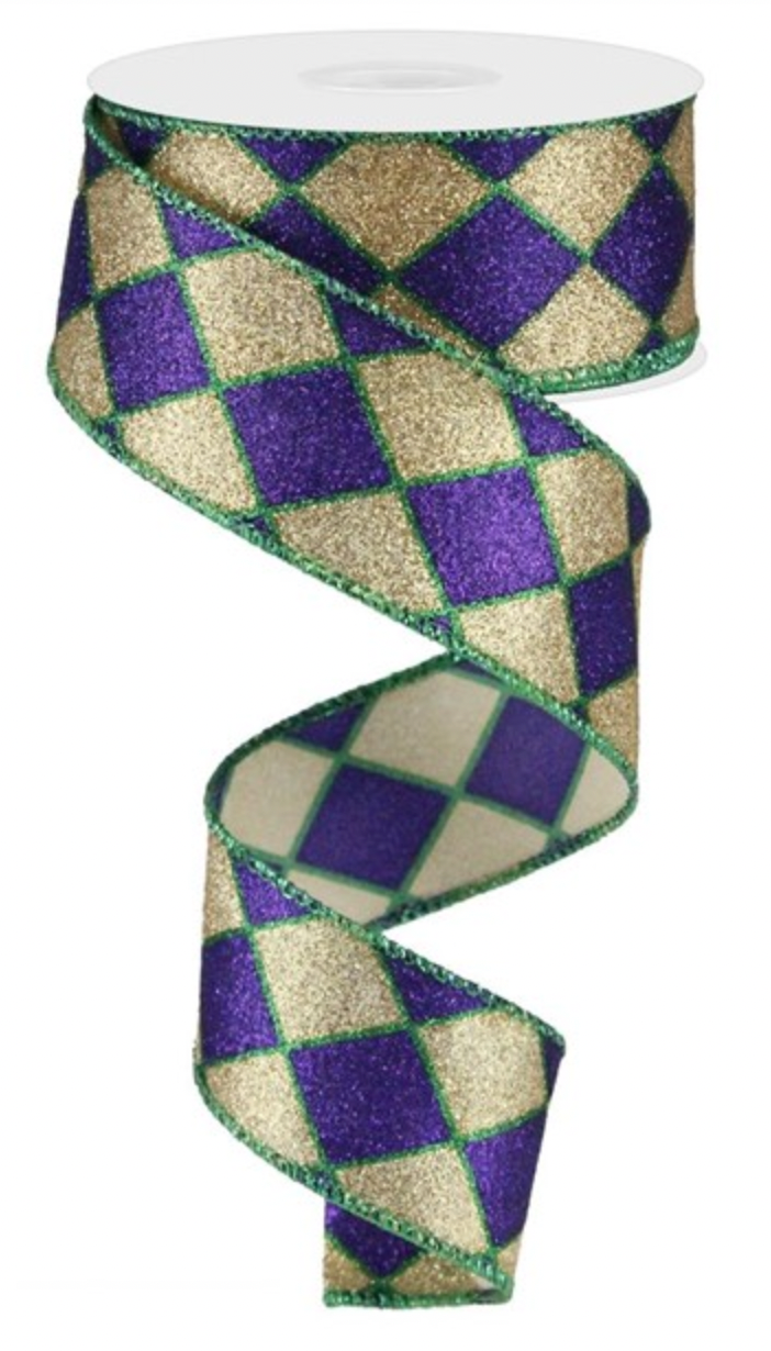 1.5 X 10 YARDS Mardi Gras Glitter Harlequin Ribbon