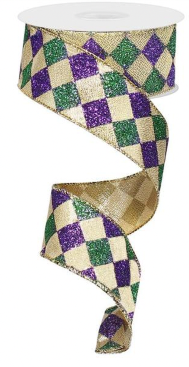 1.5 X 10 YARDS Mardi Gras Glitter Diamond Check Ribbon