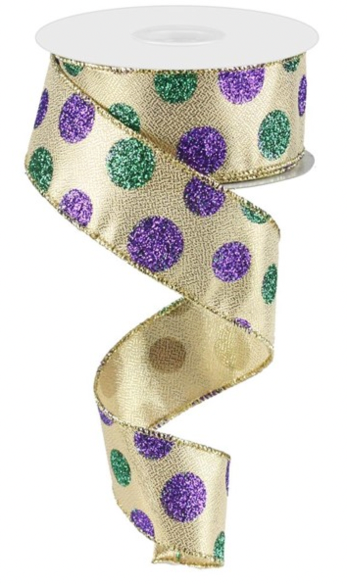 1.5 X 10 YARDS Mardi Gras Multi-Size Glitter Dots Ribbon