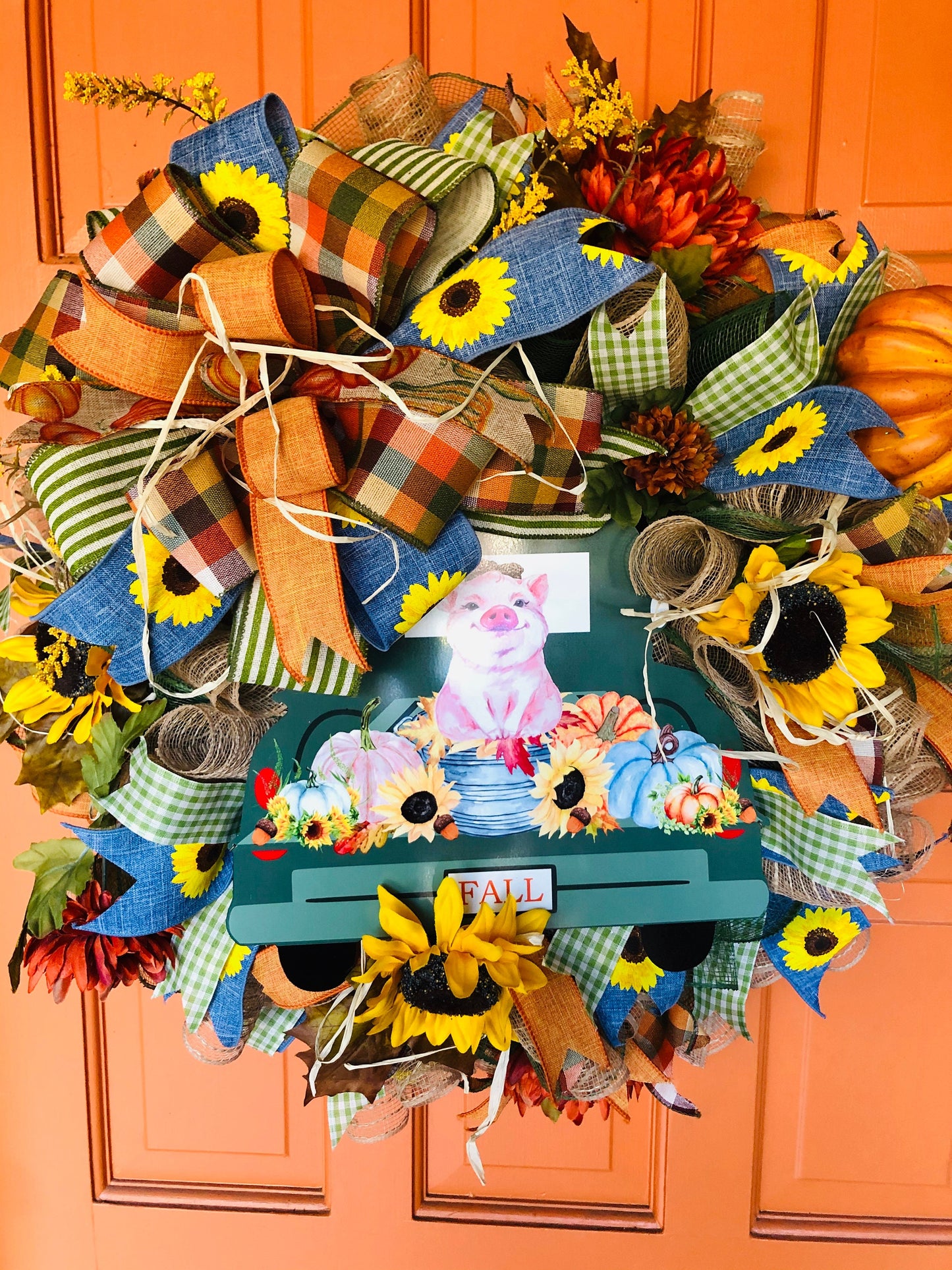Green Truck with Pig Fall Sunflower Deco Mesh Wreath
