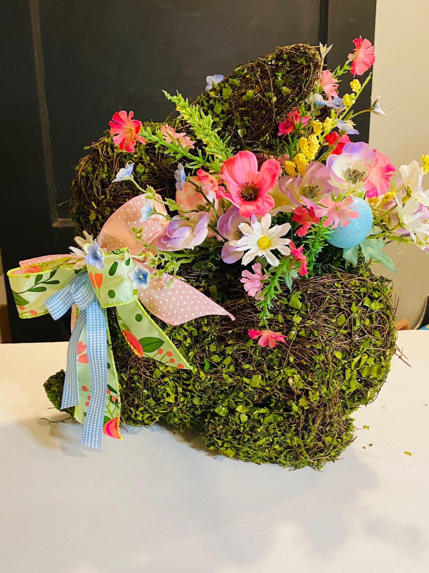 Whimsical Spring Easter Bunny Floral Centerpiece Basket