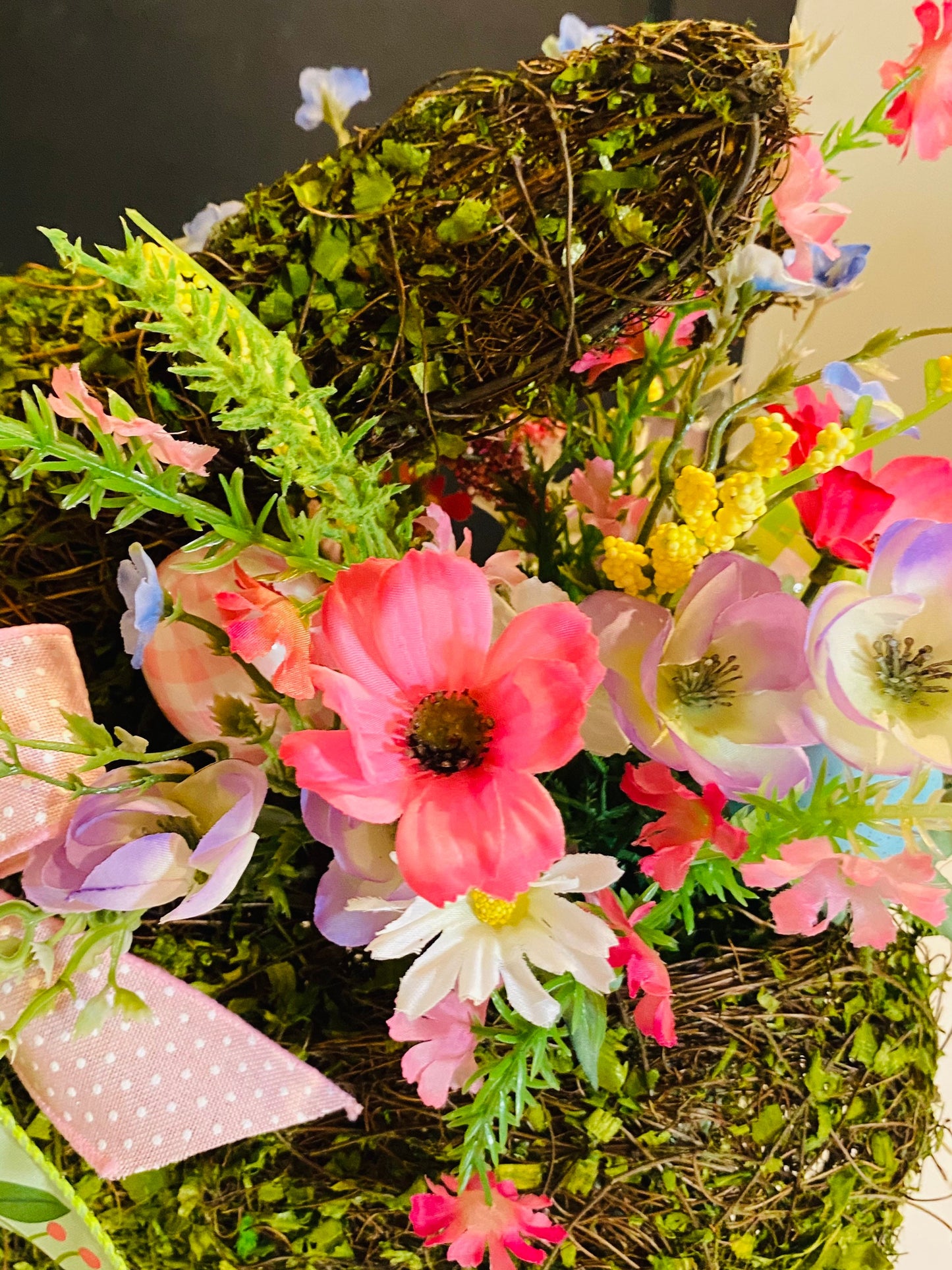 Whimsical Spring Easter Bunny Floral Centerpiece Basket