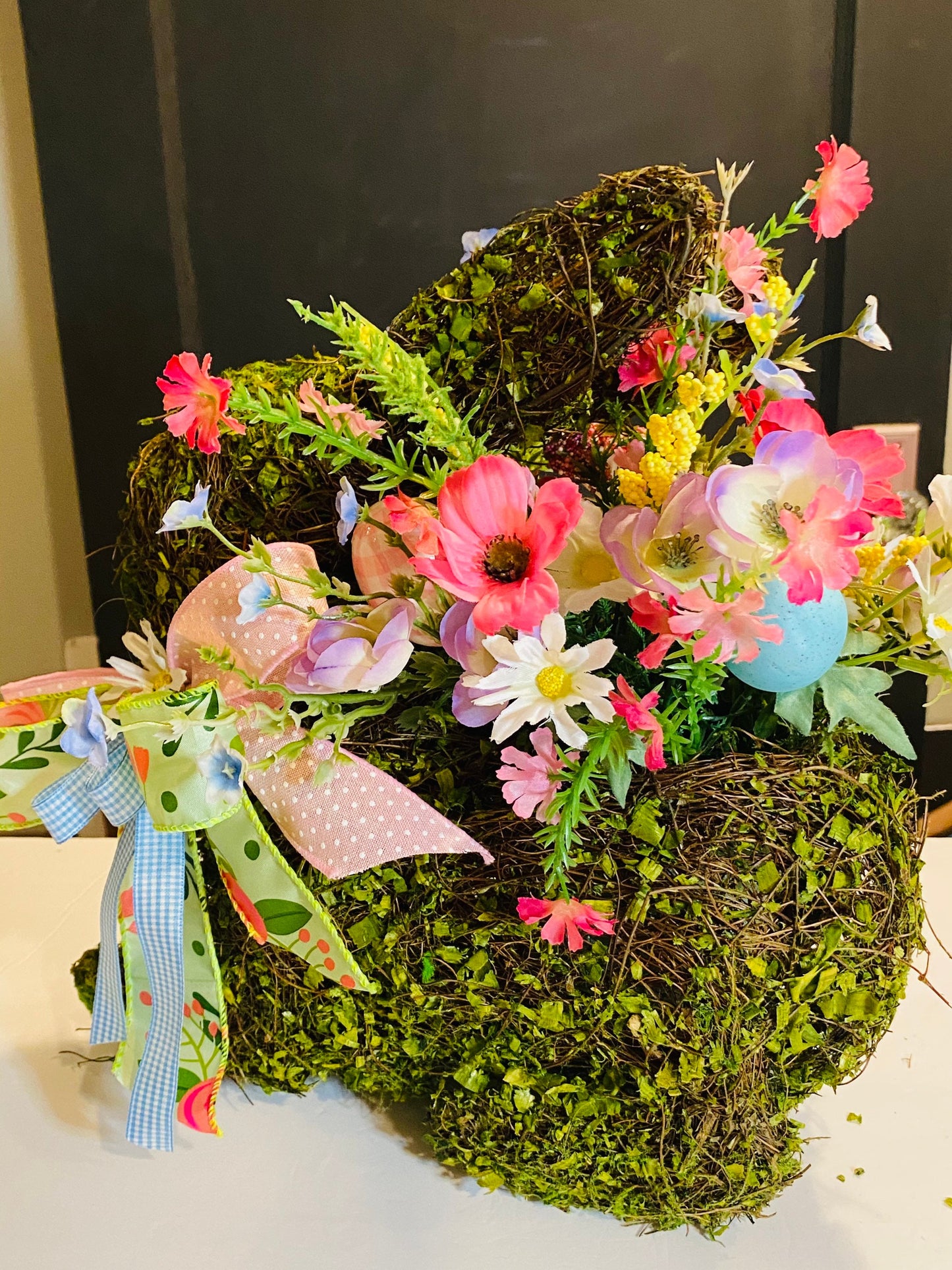 Whimsical Spring Easter Bunny Floral Centerpiece Basket