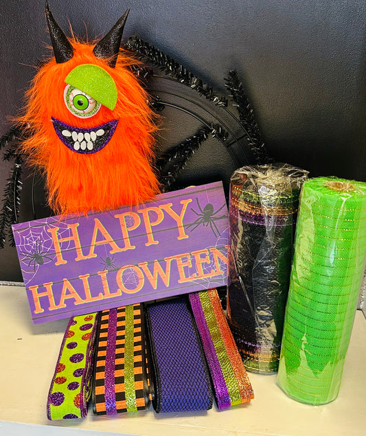 Wreath Kit - Furry Orange Monster Happy Halloween DIY Wreath Kit
