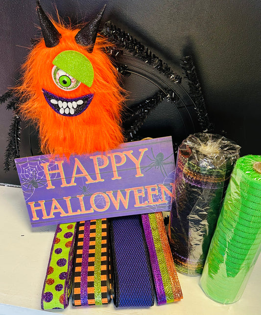Wreath Kit - Furry Orange Monster Happy Halloween DIY Wreath Kit