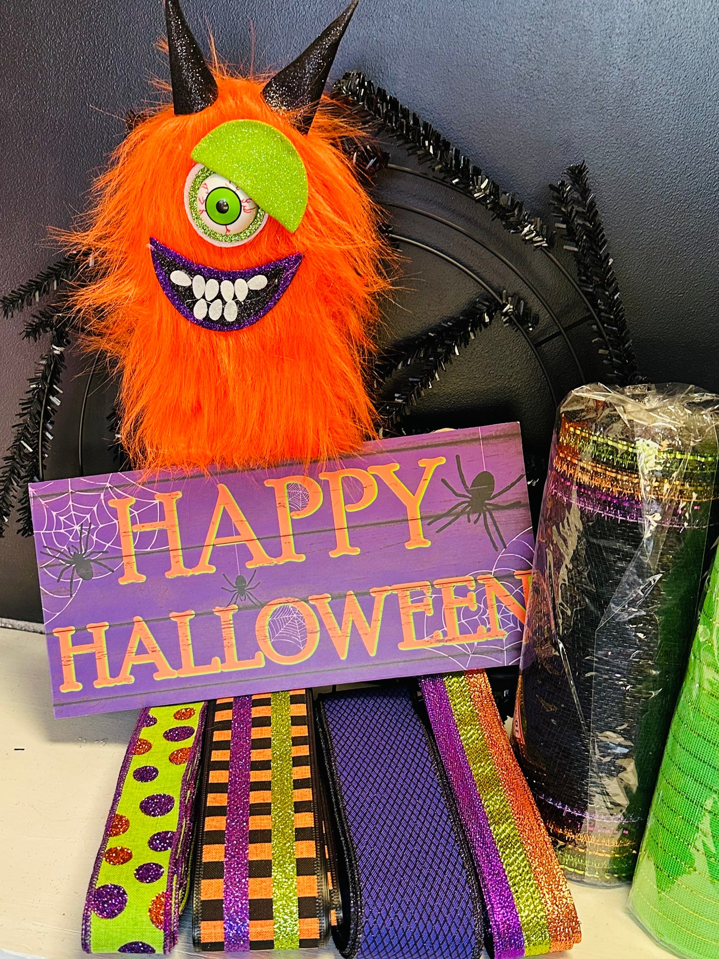 Wreath Kit - Furry Orange Monster Happy Halloween DIY Wreath Kit