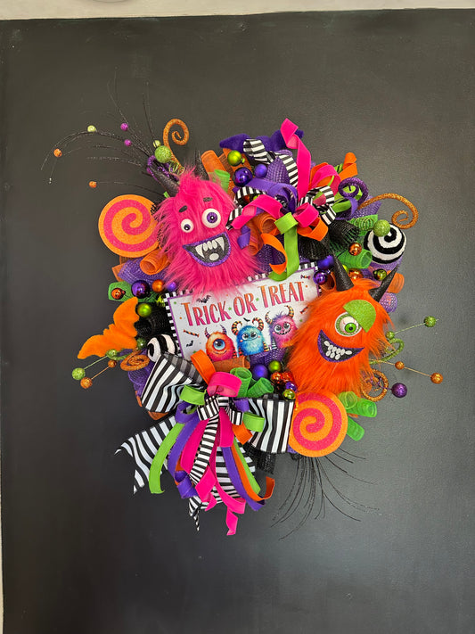 Furry Monster Trick or Treat Halloween Wreath