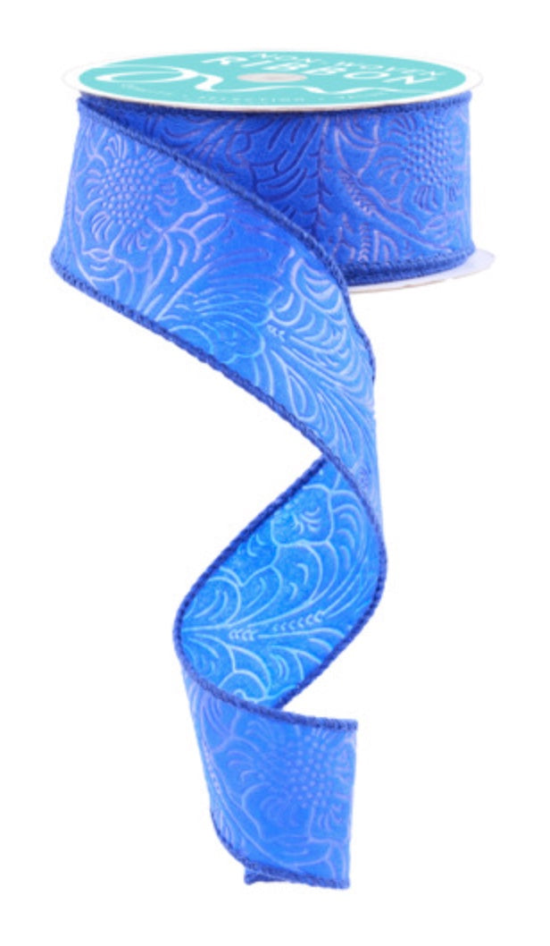 1.5" x 10yds NEW Royal Blue Embossed Floral Leaves Ribbon
