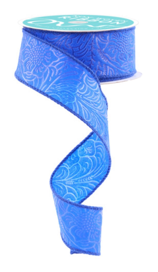 1.5" x 10yds NEW Royal Blue Embossed Floral Leaves Ribbon