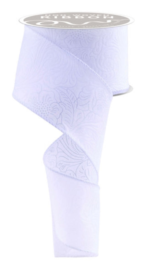 2.5" x 10yds NEW White Embossed Floral Leaves Ribbon