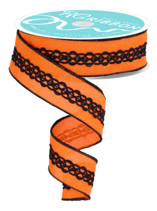 1.5" x 10yds Faux Royal/Orange Lace/Black Ribbon