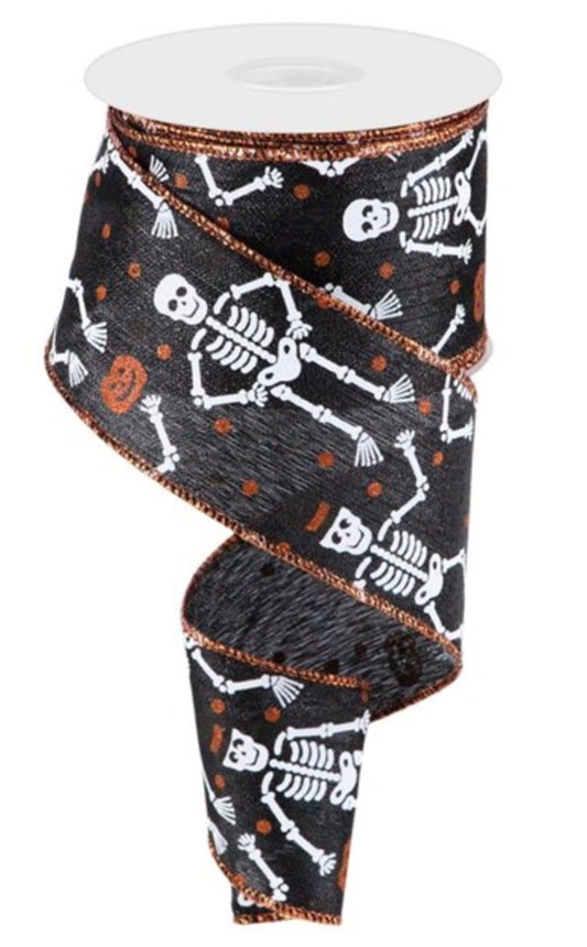 2.5" x 10yds Skeletons on Metallic Ribbon