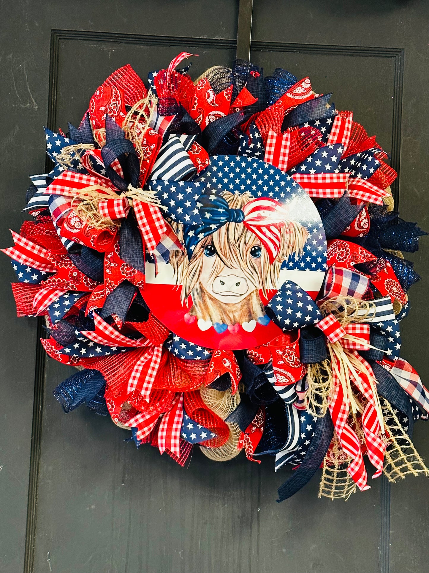 Highland Cow Patriotic Wreath