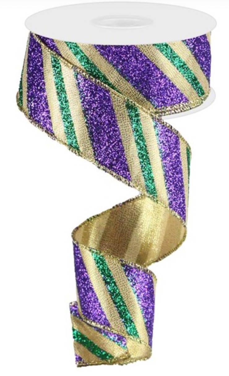 1.5 X 10 YARDS Mardi Gras Glittered Diagonal Stripe Ribbon