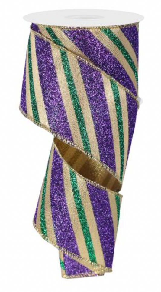 2.5 X 10 YARDS Mardi Gras Glittered Diagonal Stripe Ribbon