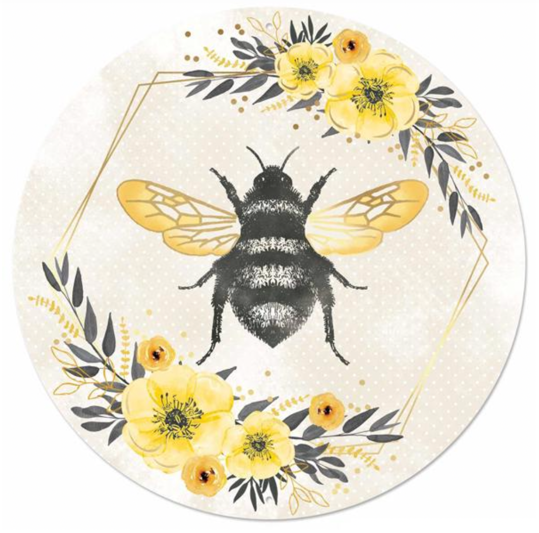 12" Dia Metal/Foil Bee with Florals Sign