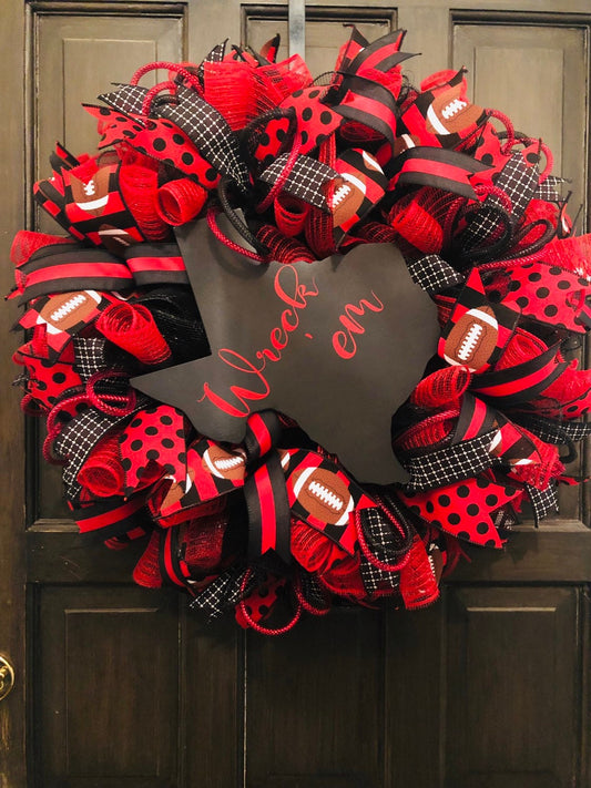 Wreck 'em Wreath, Texas Tech, College Football Wreath, Black and Red, Raiders