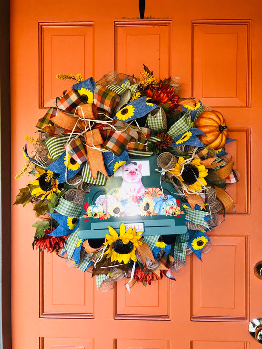 Green Truck with Pig Fall Sunflower Deco Mesh Wreath