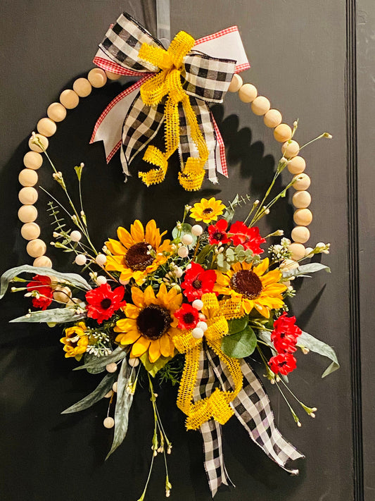 Wooden Bead Spring Summer Floral Everyday Wreath