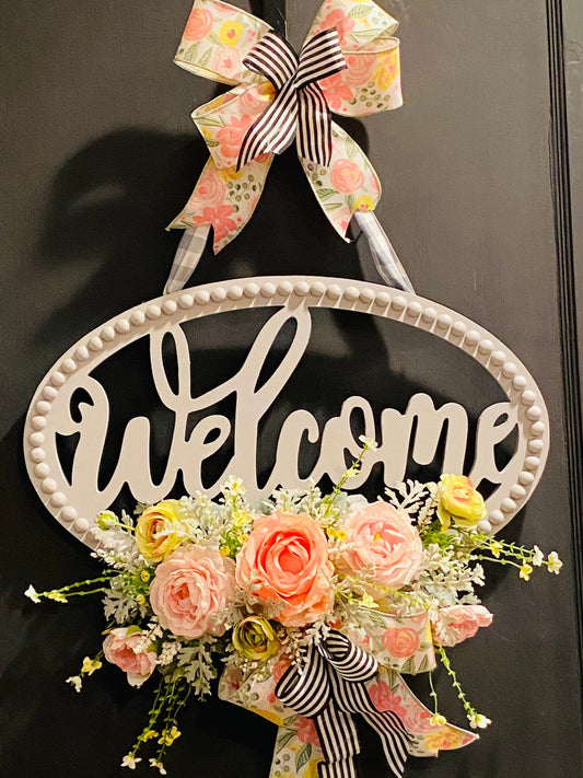 Wooden Bead Spring Summer Floral Welcome Everyday Door Hanger