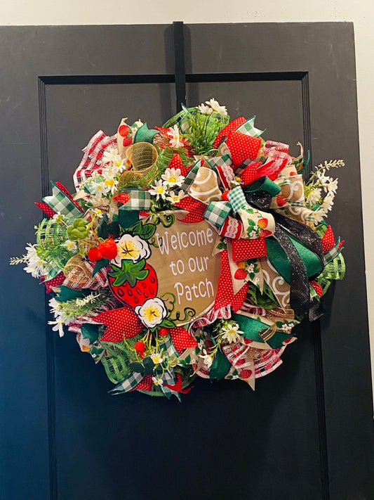 Strawberry Wreath, Summer Wreath, Welcome to our Patch Wreath, Strawberry Decorations, Everyday Wreath, Summer Door Decor, Front Door Decor