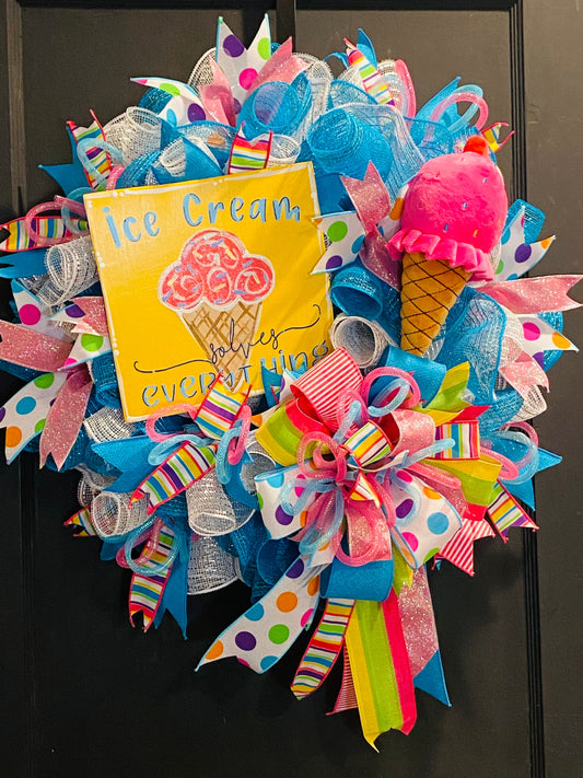 Summer Ice Cream Cone Wreath, Ice Cream Solves Everything Everyday Welcome Wreath