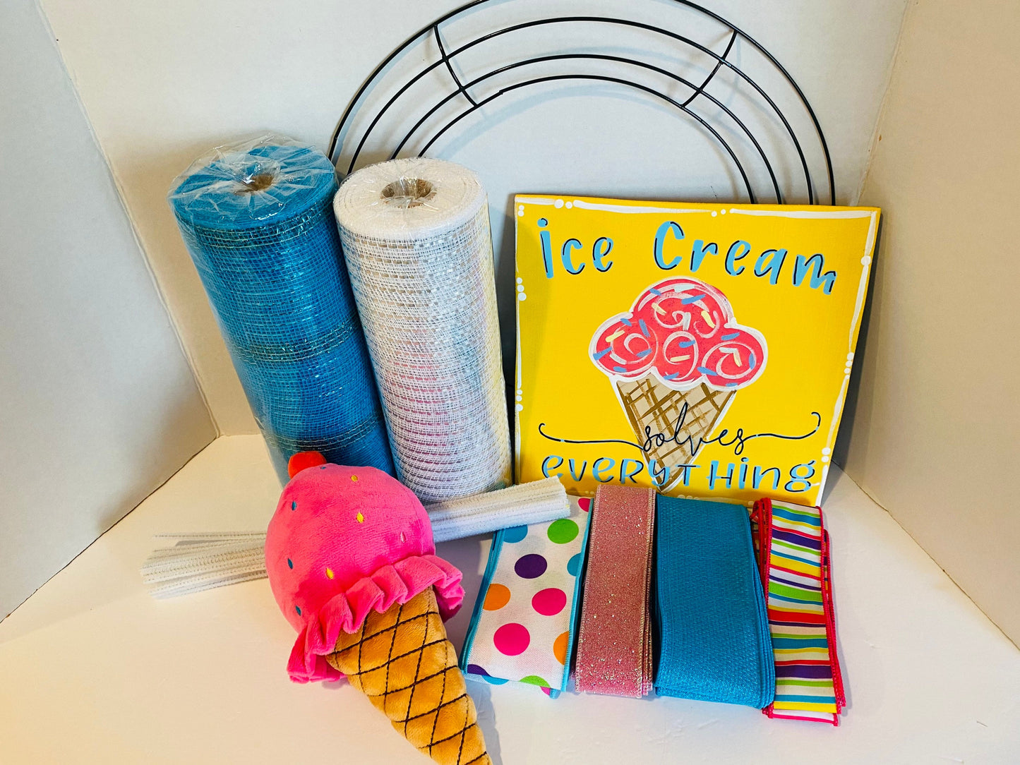 Summer Ice Cream Cone DIY Wreath Kit,  Ice Cream Solves Everything Everyday Welcome DIY Wreath Kit