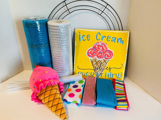 Summer Ice Cream Cone DIY Wreath Kit,  Ice Cream Solves Everything Everyday Welcome DIY Wreath Kit