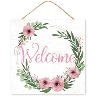 Welcome Floral Wreath Glitter Sign